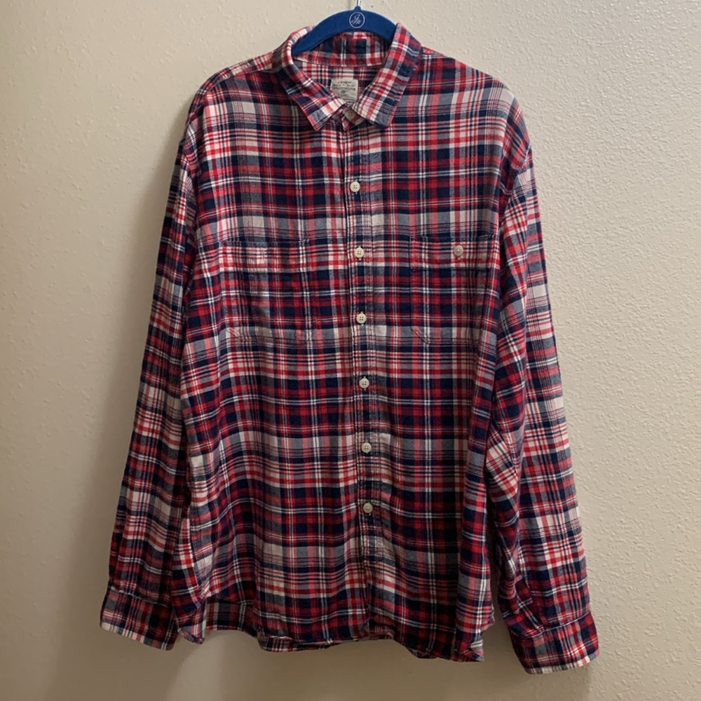 J Crew Plaid Flannel Button Down Shirt Men’s Size XL Red White Blue Cotton